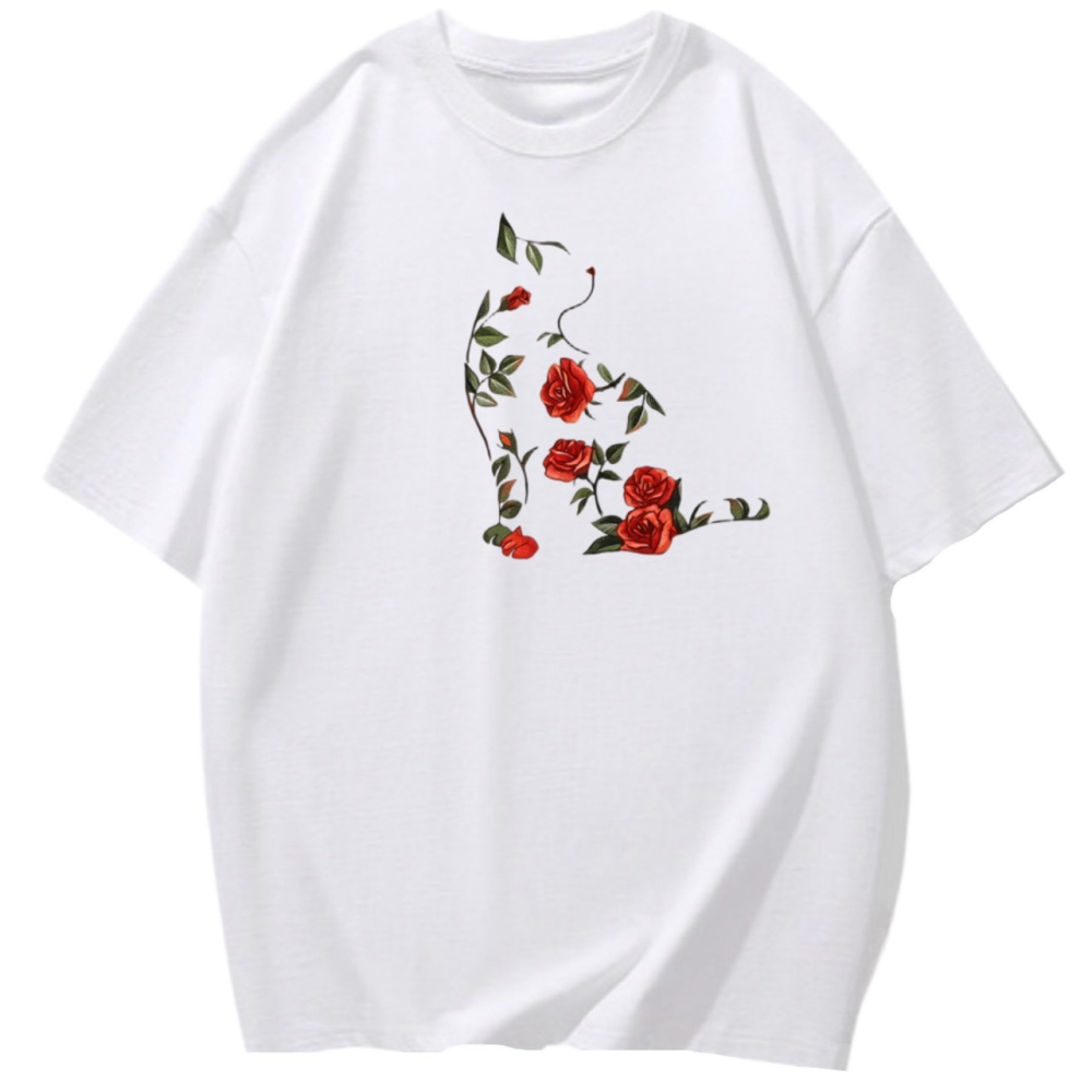 現貨秒出 韓版玫瑰花貓咪 可愛印花 短袖T恤女 長袖T恤 兒童T恤 動物T 植物 花朵 休閒T恤-細節圖3