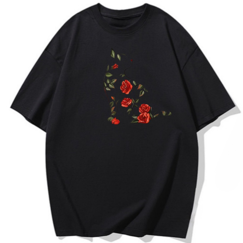 現貨秒出 韓版玫瑰花貓咪 可愛印花 短袖T恤女 長袖T恤 兒童T恤 動物T 植物 花朵 休閒T恤-細節圖4