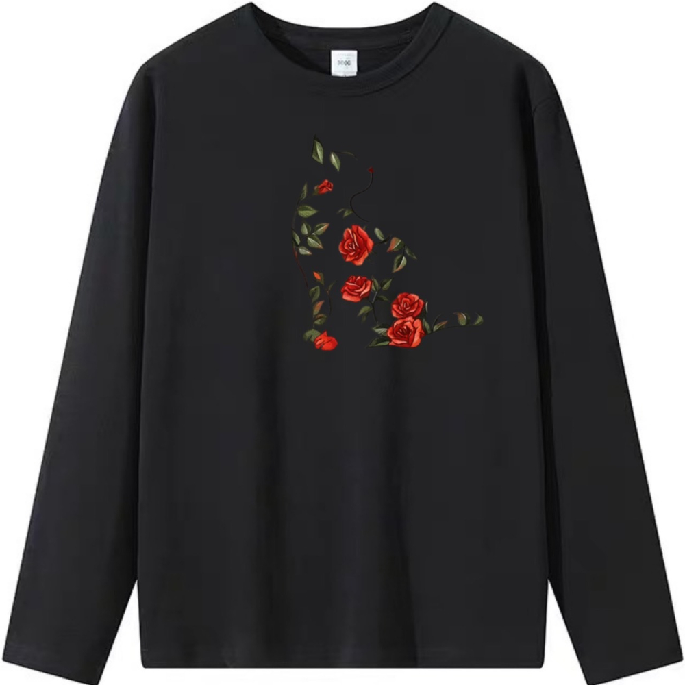 現貨秒出 韓版玫瑰花貓咪 可愛印花 短袖T恤女 長袖T恤 兒童T恤 動物T 植物 花朵 休閒T恤-細節圖5