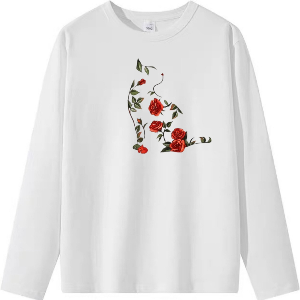 現貨秒出 韓版玫瑰花貓咪 可愛印花 短袖T恤女 長袖T恤 兒童T恤 動物T 植物 花朵 休閒T恤-細節圖6