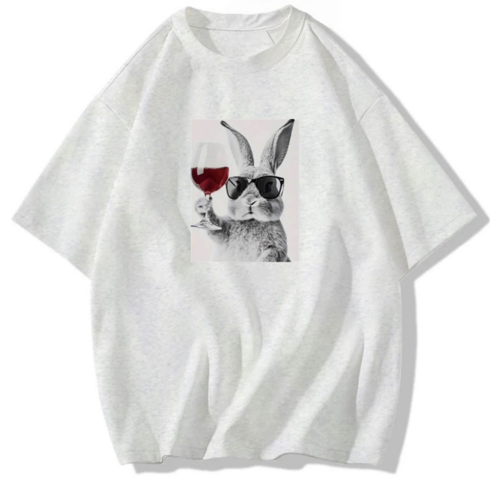 台灣現貨 乾杯~戴墨鏡兔子 短袖T恤女 長袖T恤 兒童T恤 動物T 休閒寬鬆上衣 純棉-細節圖2