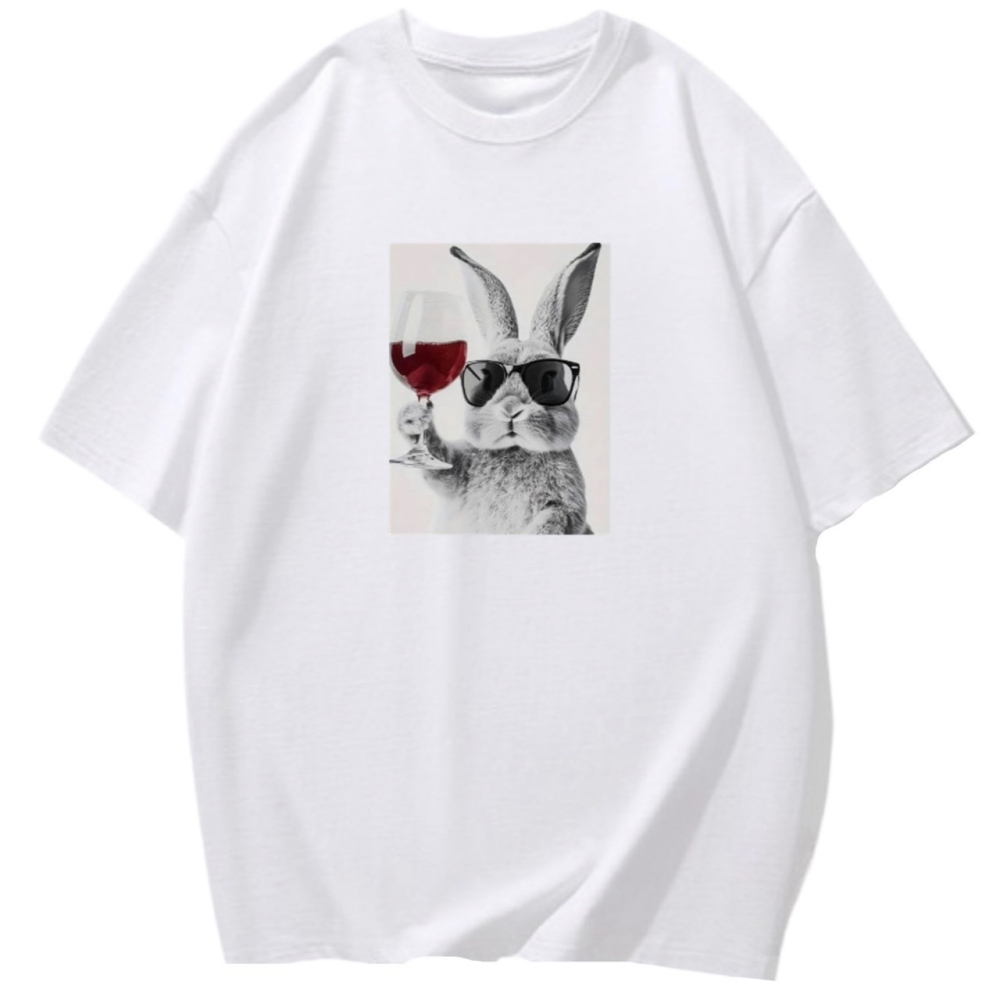 台灣現貨 乾杯~戴墨鏡兔子 短袖T恤女 長袖T恤 兒童T恤 動物T 休閒寬鬆上衣 純棉-細節圖3