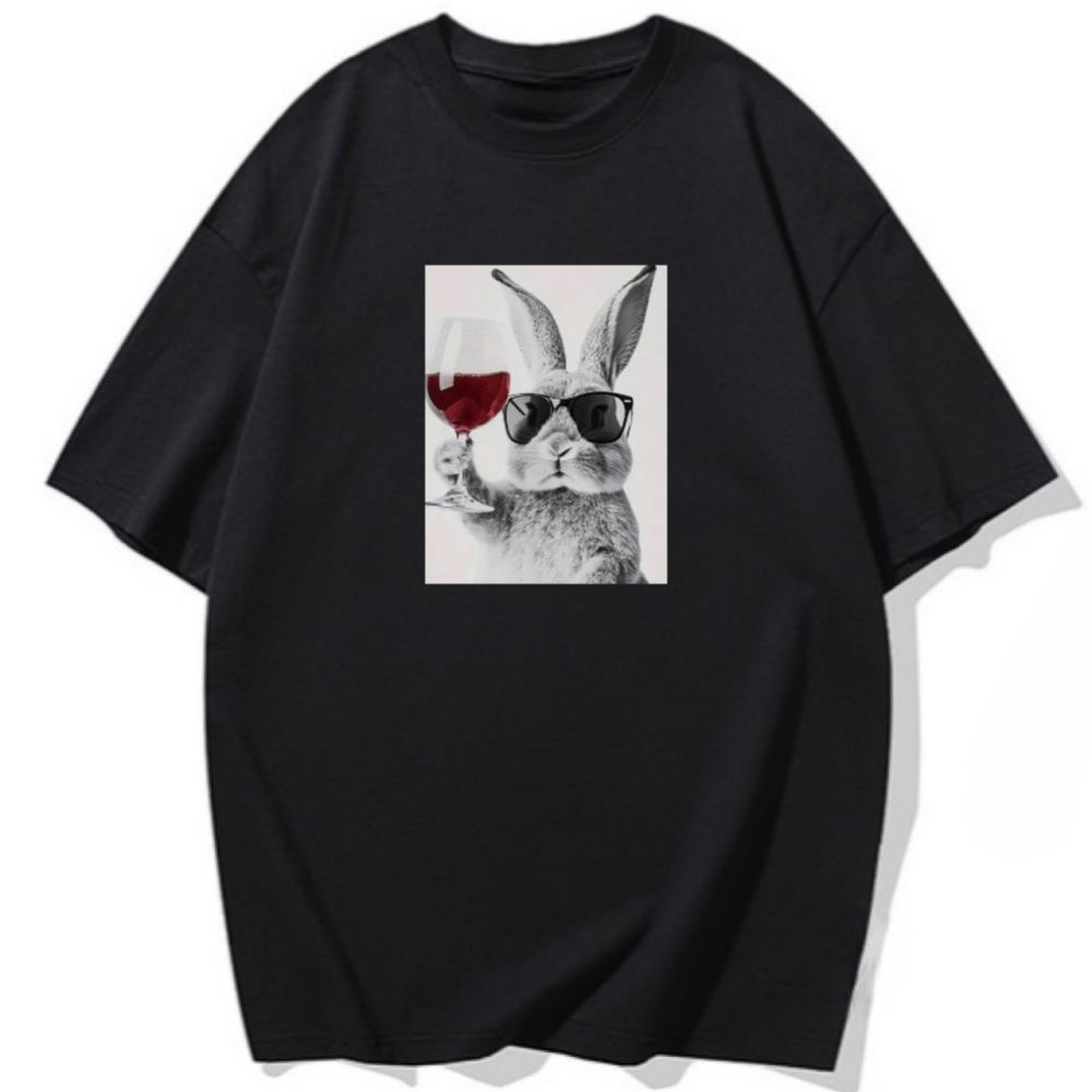 台灣現貨 乾杯~戴墨鏡兔子 短袖T恤女 長袖T恤 兒童T恤 動物T 休閒寬鬆上衣 純棉-細節圖4