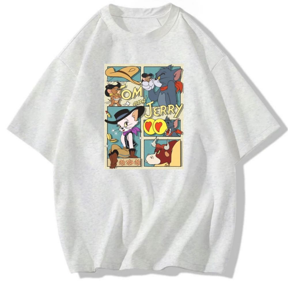 台灣現貨 TOM&JERRY 湯姆貓與傑利鼠 純棉T 短袖T恤女 長袖 兒童 卡通印花 漫畫格子-細節圖2