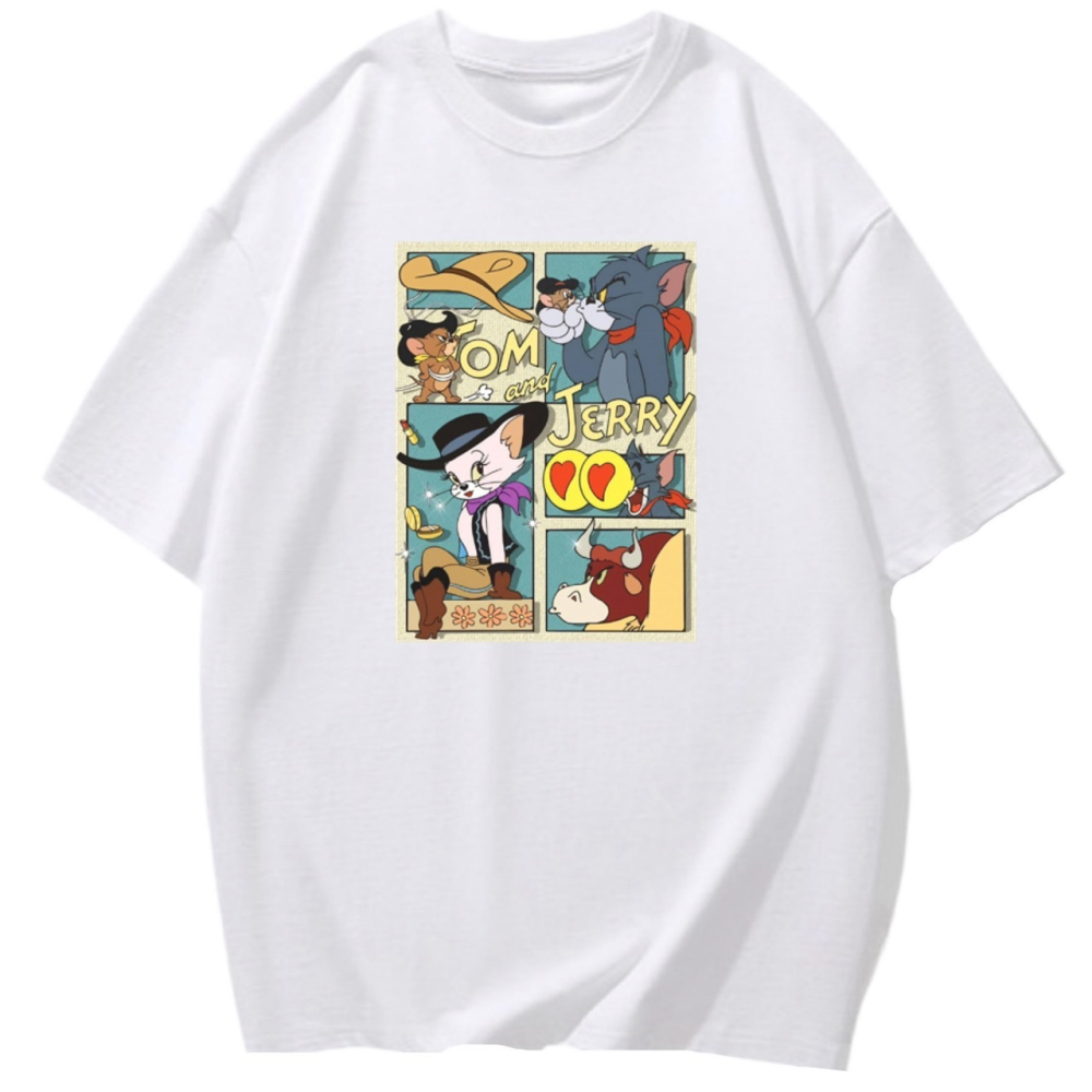台灣現貨 TOM&JERRY 湯姆貓與傑利鼠 純棉T 短袖T恤女 長袖 兒童 卡通印花 漫畫格子-細節圖3