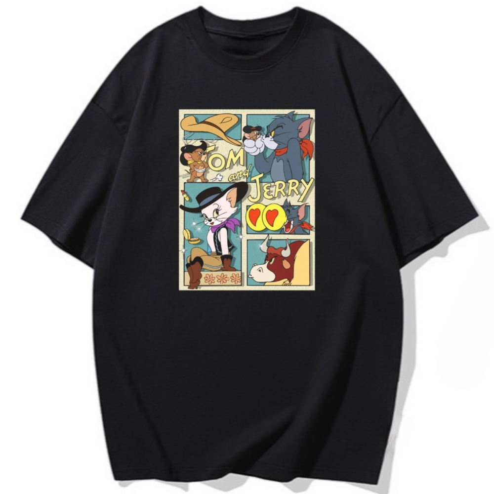 台灣現貨 TOM&JERRY 湯姆貓與傑利鼠 純棉T 短袖T恤女 長袖 兒童 卡通印花 漫畫格子-細節圖4
