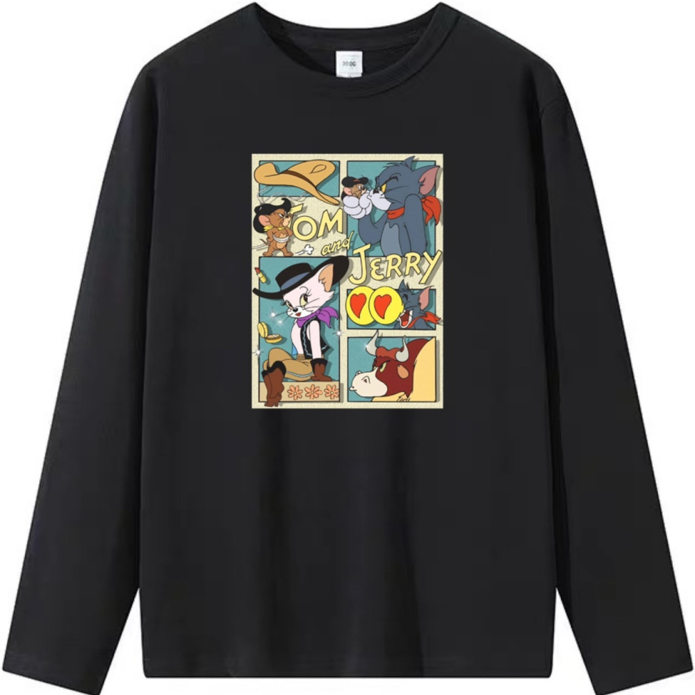 台灣現貨 TOM&JERRY 湯姆貓與傑利鼠 純棉T 短袖T恤女 長袖 兒童 卡通印花 漫畫格子-細節圖5