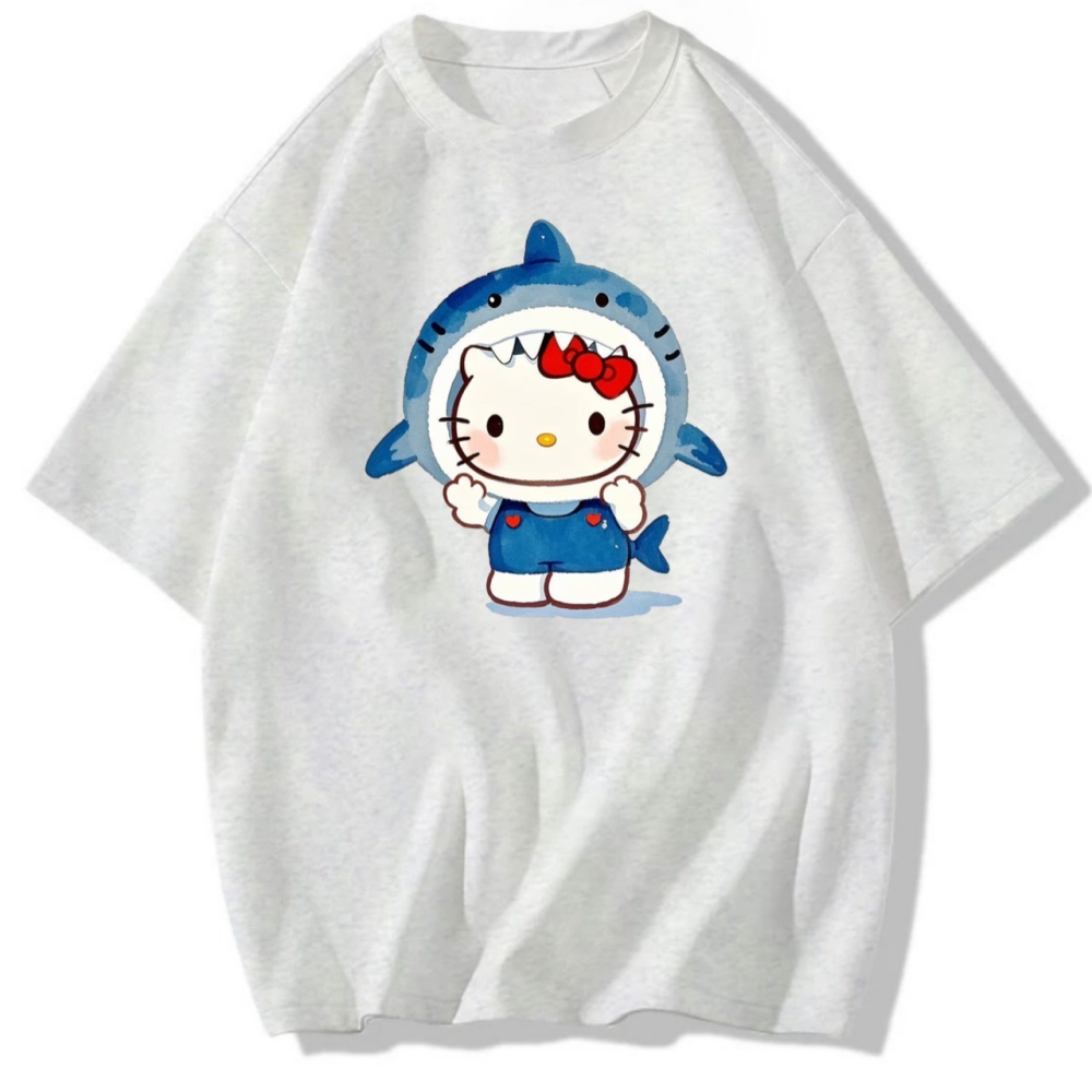台灣秒發~Hello Kitty 鯊魚裝 短袖T恤 長袖T恤 兒童短袖T恤 可愛塗鴉印花-細節圖2