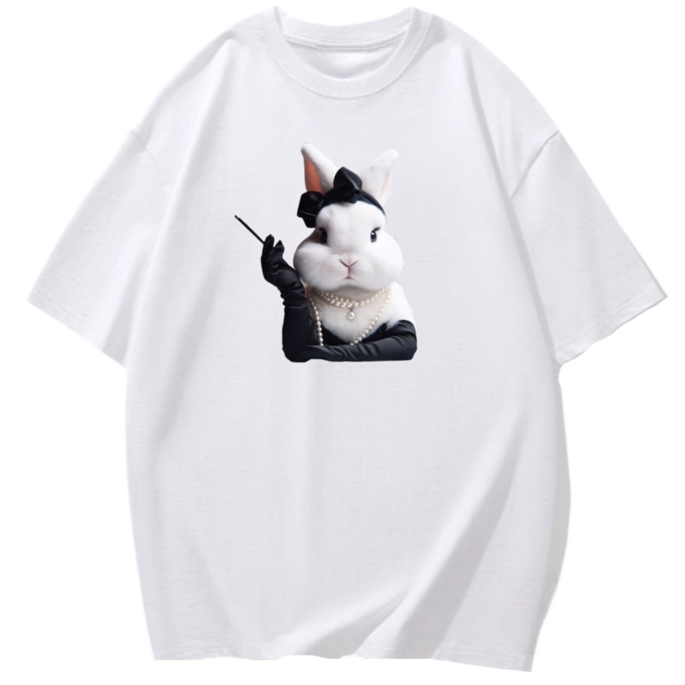 【現貨秒出🔥】復古風兔子印花 短袖T恤女 長袖T恤 兒童短袖T恤 男女同款 寬鬆休閒上衣-細節圖3