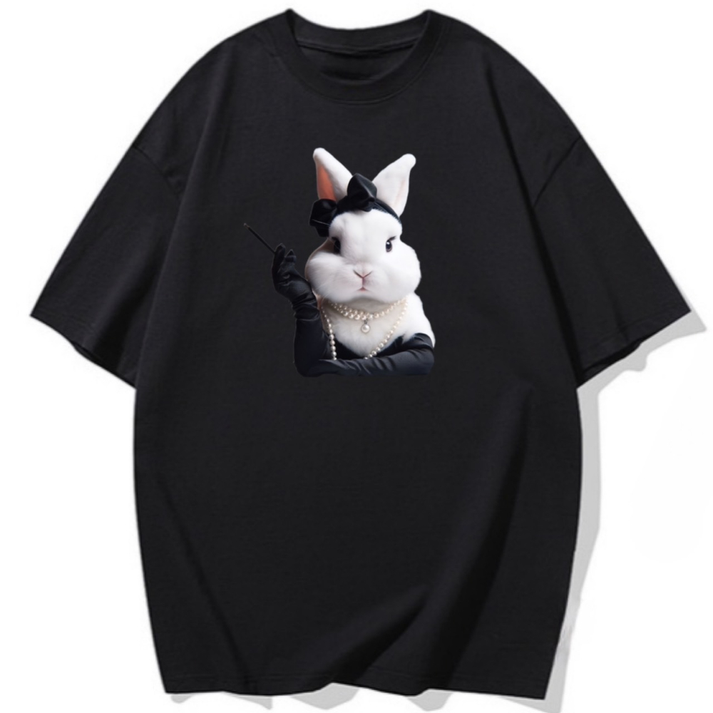 【現貨秒出🔥】復古風兔子印花 短袖T恤女 長袖T恤 兒童短袖T恤 男女同款 寬鬆休閒上衣-細節圖4