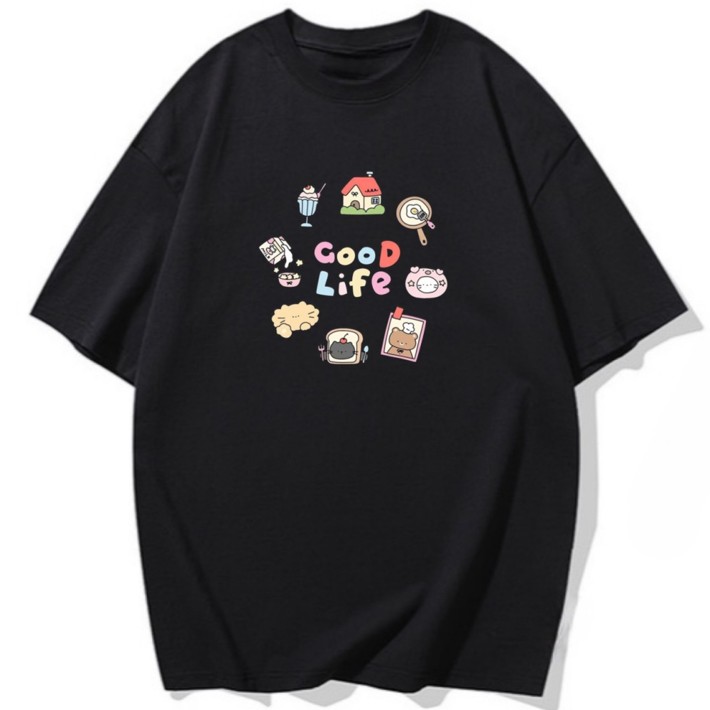 純棉T 小圖案+GOOD Life 字母印花 短袖t恤女 長袖t恤 兒童短袖t恤 情侶 親子 休閒-細節圖4