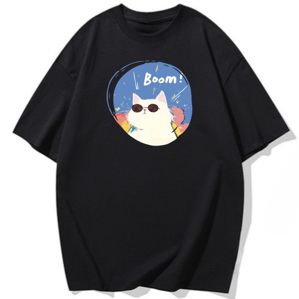 純棉 墨鏡貓咪 字母印花 短袖T恤女 長袖T恤 兒童T恤 情侶 親子 休閒裝-細節圖4