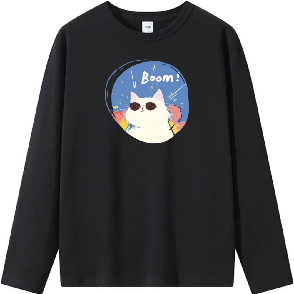 純棉 墨鏡貓咪 字母印花 短袖T恤女 長袖T恤 兒童T恤 情侶 親子 休閒裝-細節圖5