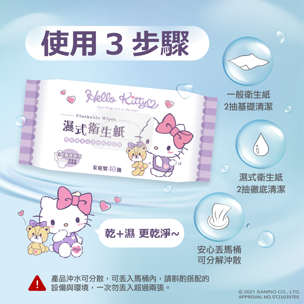 ［三麗鷗開心玩一夏］Hello Kitty 濕式衛生紙40抽×3包×6組(送拉鍊收納袋)-細節圖3