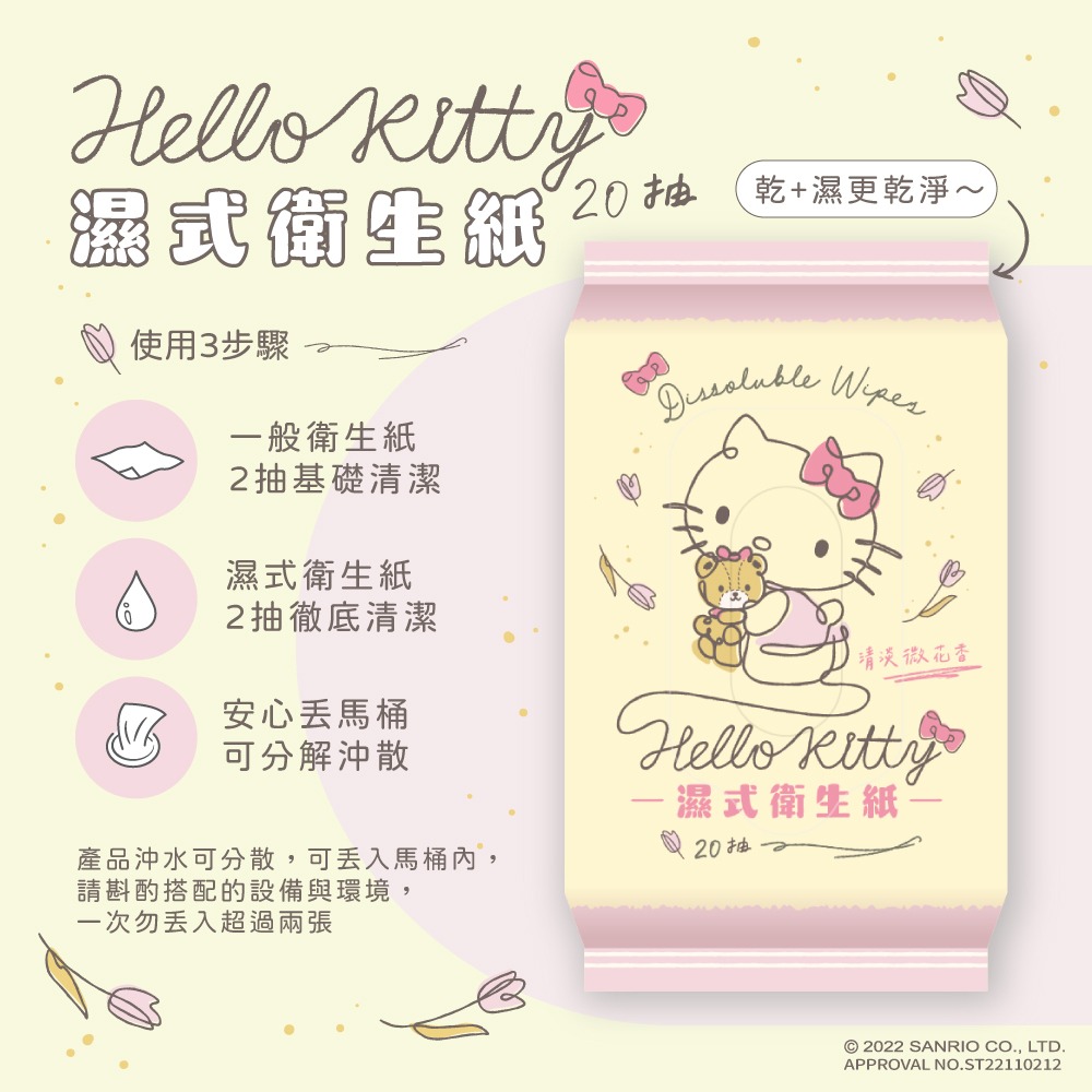 ［三麗鷗開心玩一夏］Hello Kitty濕式衛生紙20抽×4包(花果香)×8組(送拉鍊收納袋)-細節圖2