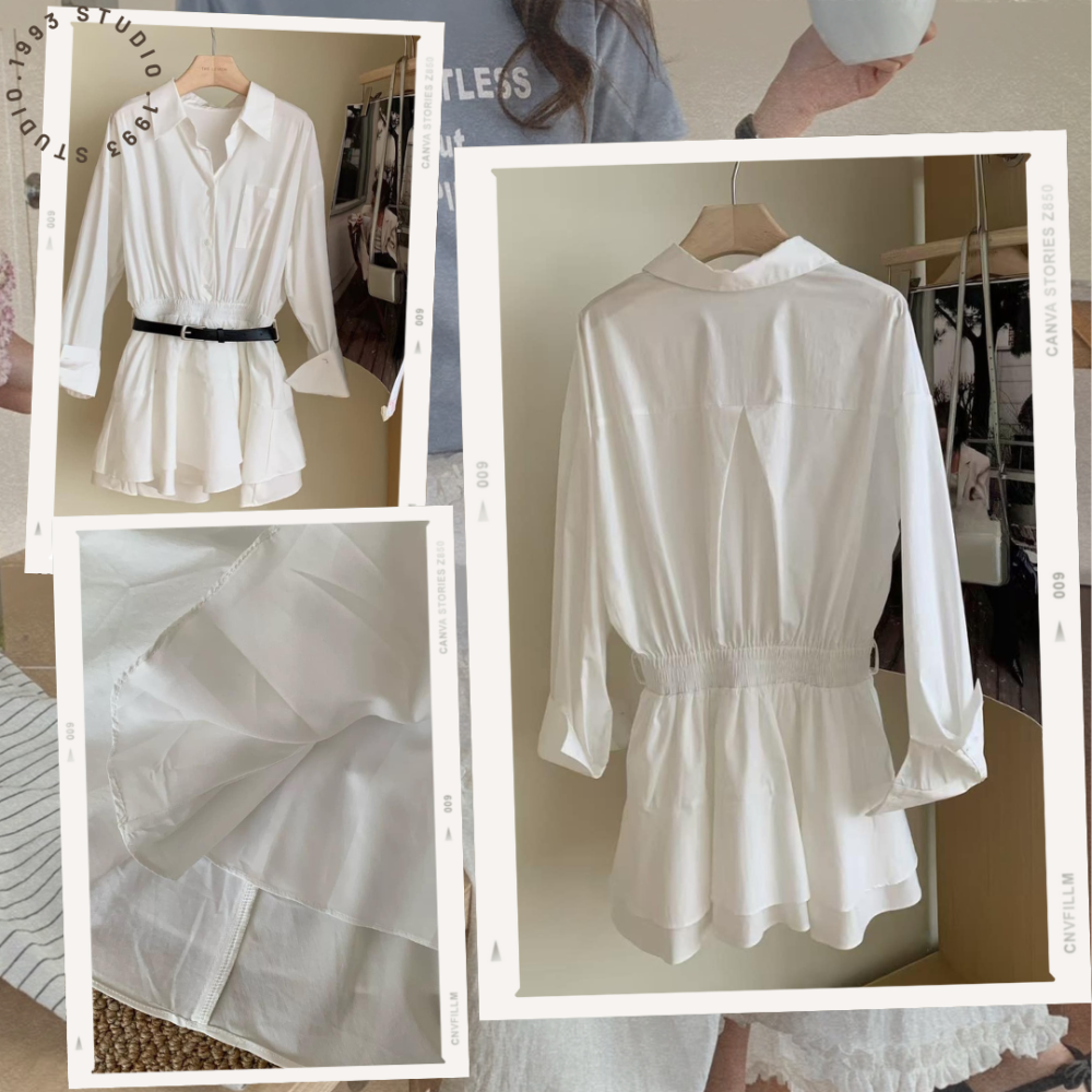 韓系設計感收腰珍珠白洋裝(附皮帶)#B20138-細節圖3