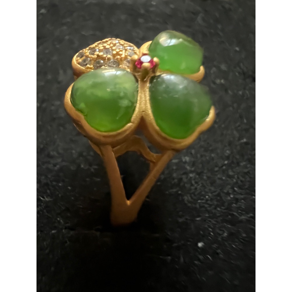 和田青玉925銀鍍金戒指—四葉草款-細節圖3
