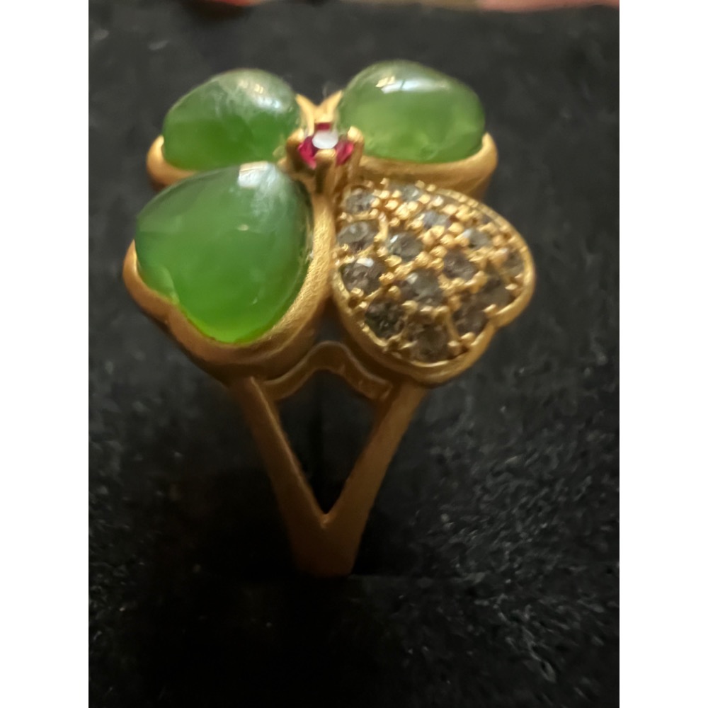 和田青玉925銀鍍金戒指—四葉草款-細節圖5
