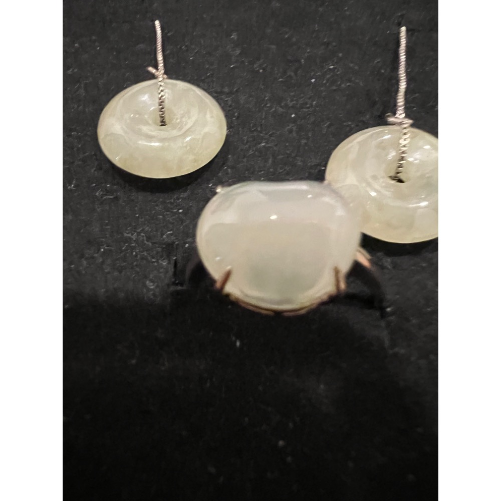 翡翠愛心銀鑲戒指、平安扣耳線-細節圖2