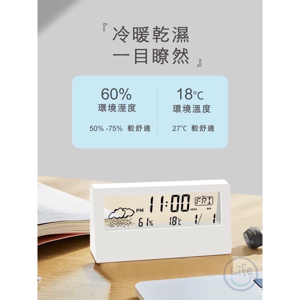 日式風格 透明夜光桌上電子鐘 LED鐘 液晶貪睡鬧鐘 溫度 溼度 時鐘【ULife 生活選品】-細節圖7