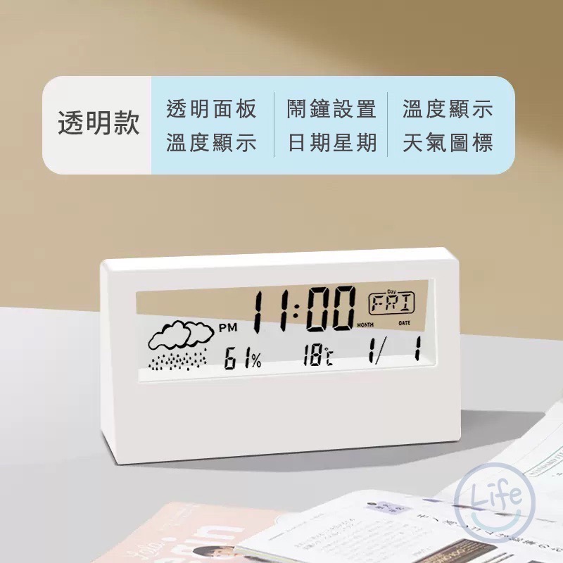 日式風格 透明夜光桌上電子鐘 LED鐘 液晶貪睡鬧鐘 溫度 溼度 時鐘【ULife 生活選品】-細節圖11