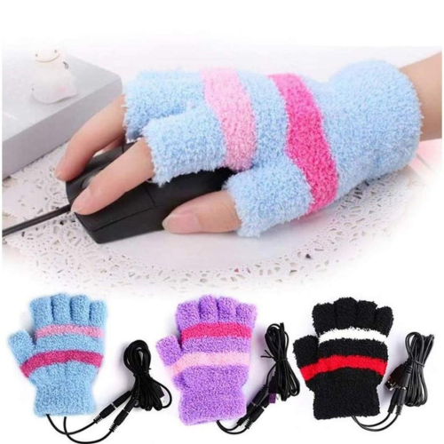USB露指加熱保暖手套 USB電暖半露指手套USB加熱毛絨手套取暖保暖手套充電寶電熱手套