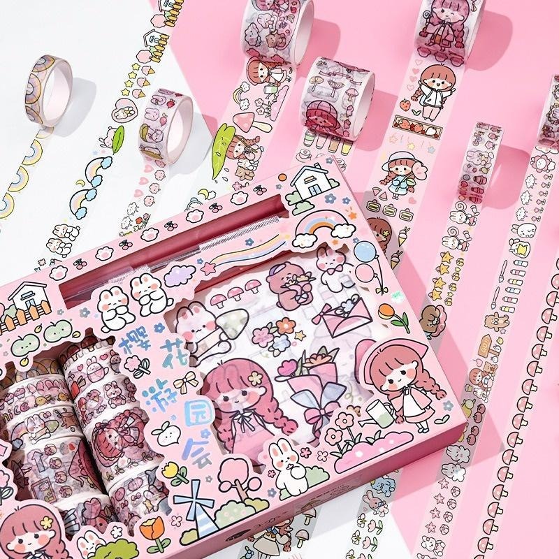 （帶刻刀）手帳膠帶禮盒 手帳膠帶貼紙 手賬貼紙 可愛彩色印花手賬本 卡通可愛和紙貼紙 櫻花遊園會-細節圖3