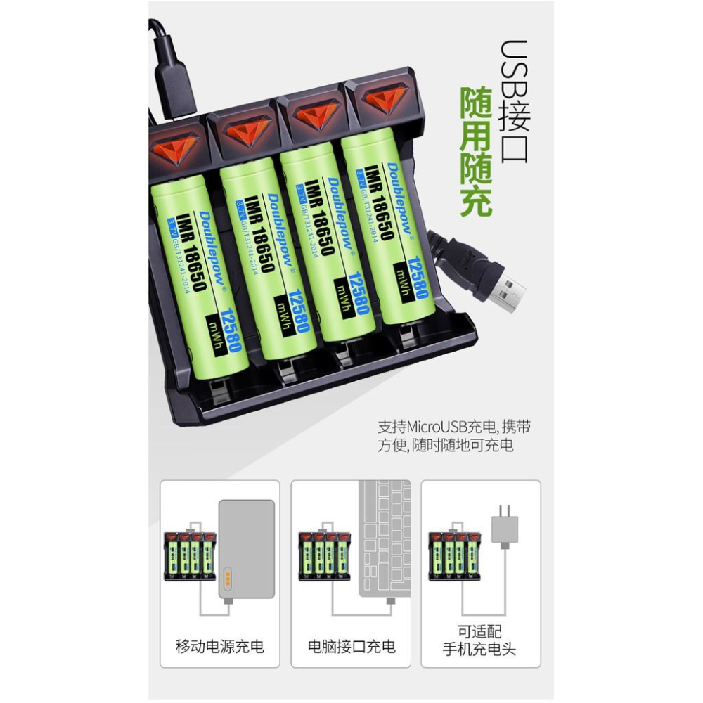 倍量四槽智能充電器 USB接口4.2V智能充電器 多功能4.2v充電器 18650鋰電池 3號 4號電池-細節圖3
