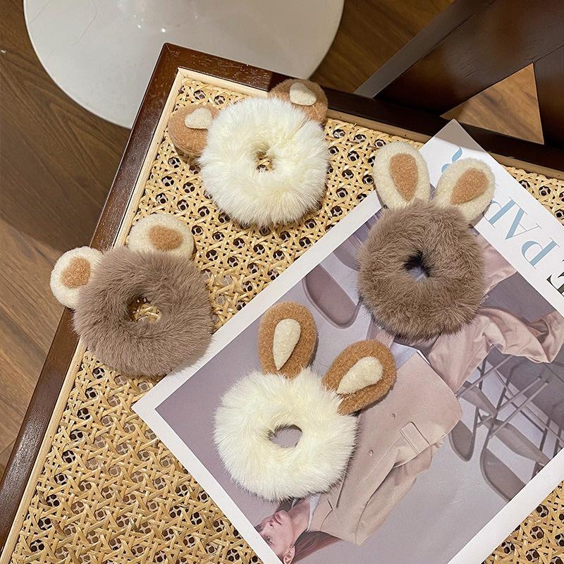 日韓毛絨髮圈 兔耳小熊髮圈 兔耳朵頭繩 可愛小熊髮束 丸子頭髮圈 馬尾丸子頭髮飾 可愛髮圈-細節圖3