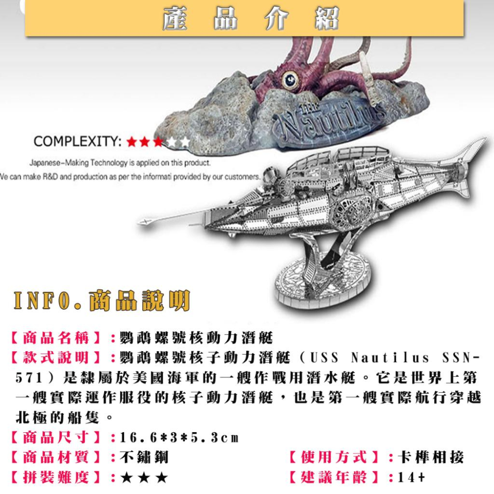 鋼鐵火星人益智玩具★ 鸚鵡螺號核子潛艇 ★拼酷★MU藝模★3D立體金屬拼圖★DIY金屬模型-細節圖2