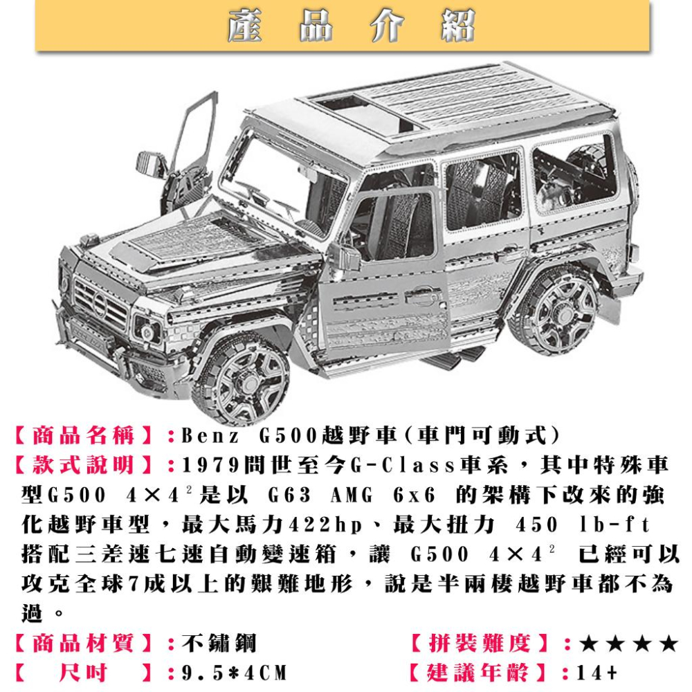 鋼鐵火星人益智玩具★ G500越野車(彩色款) ★拼酷★MU藝模★3D立體金屬拼圖★DIY金屬模型-細節圖6