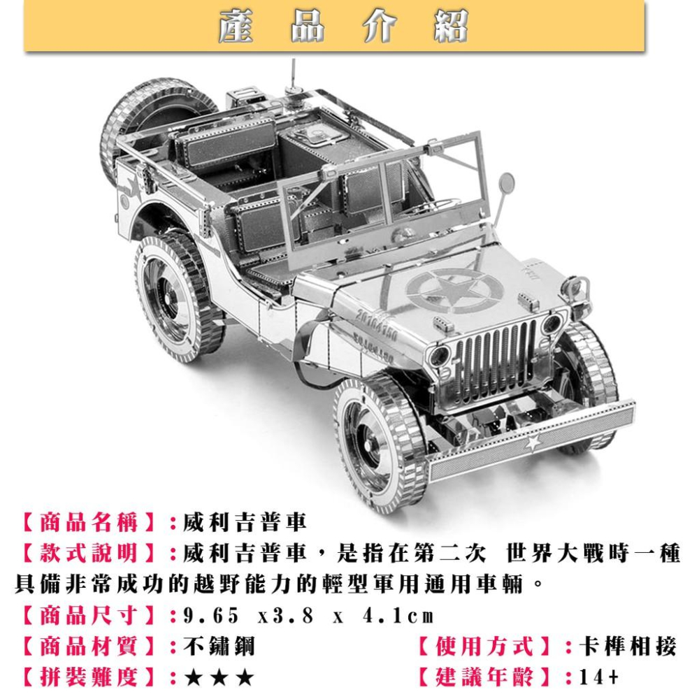 ★鋼鐵火星人益智玩具★威利吉普車 ★拼酷★MU藝模★3D立體金屬拼圖★DIY金屬模型★蝕刻片-細節圖2