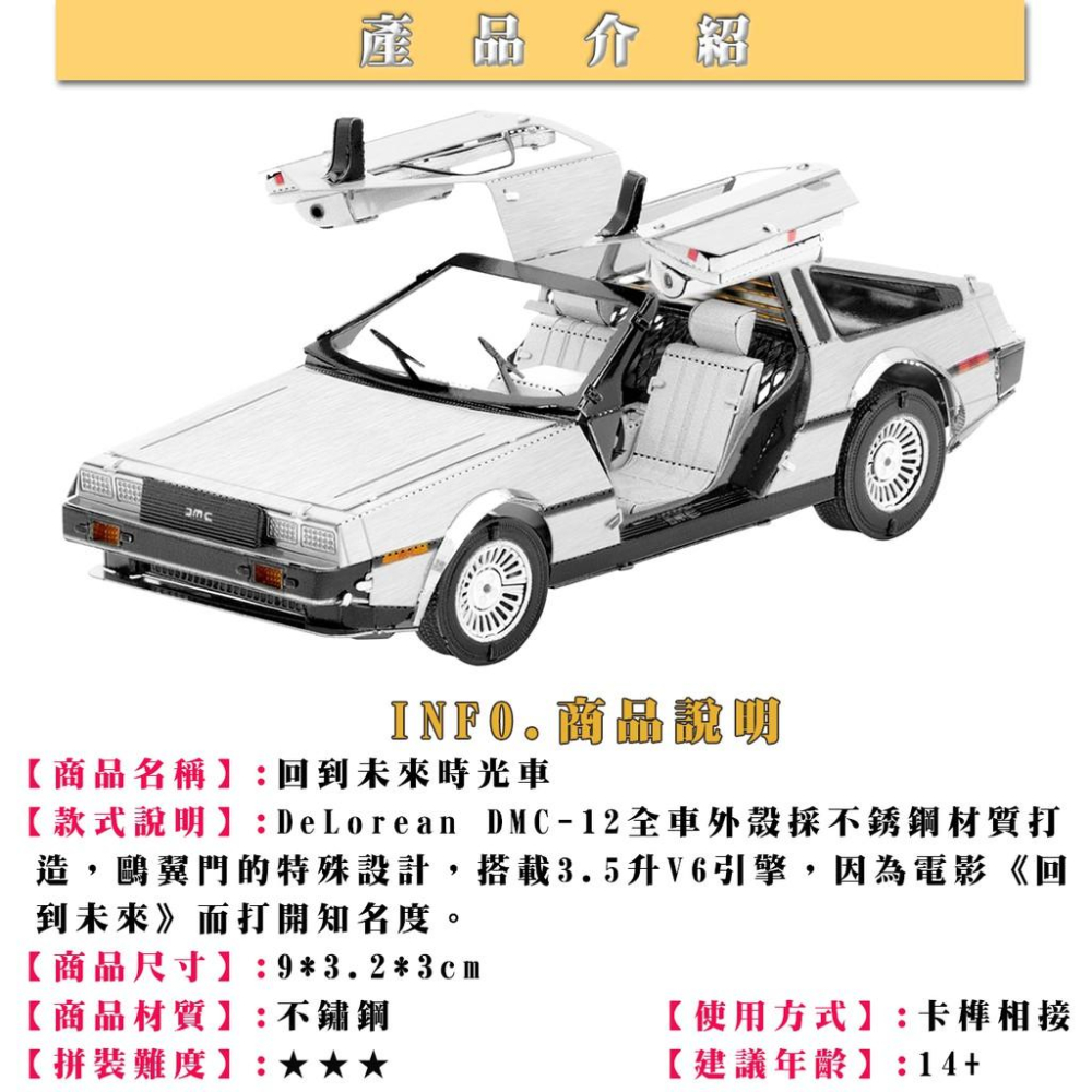 ★鋼鐵火星人益智玩具★ 回到未來時光車 ★拼酷★MU藝模★3D立體金屬拼圖★DIY金屬模型-細節圖2