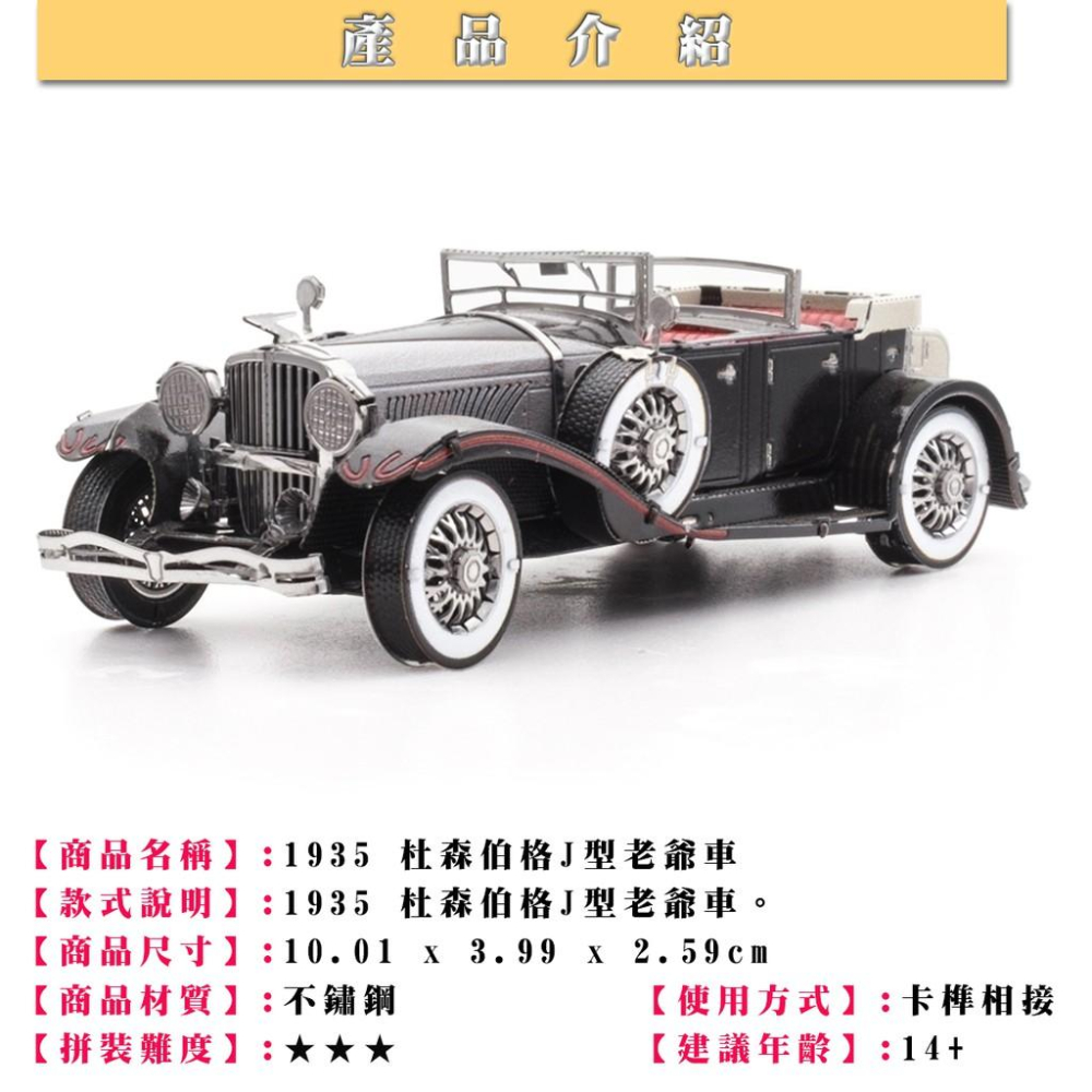 ★鋼鐵火星人益智玩具★1935 杜森伯格J型老爺車 ★拼酷★MU藝模★3D立體金屬拼圖★DIY金屬模型★蝕刻片-細節圖5