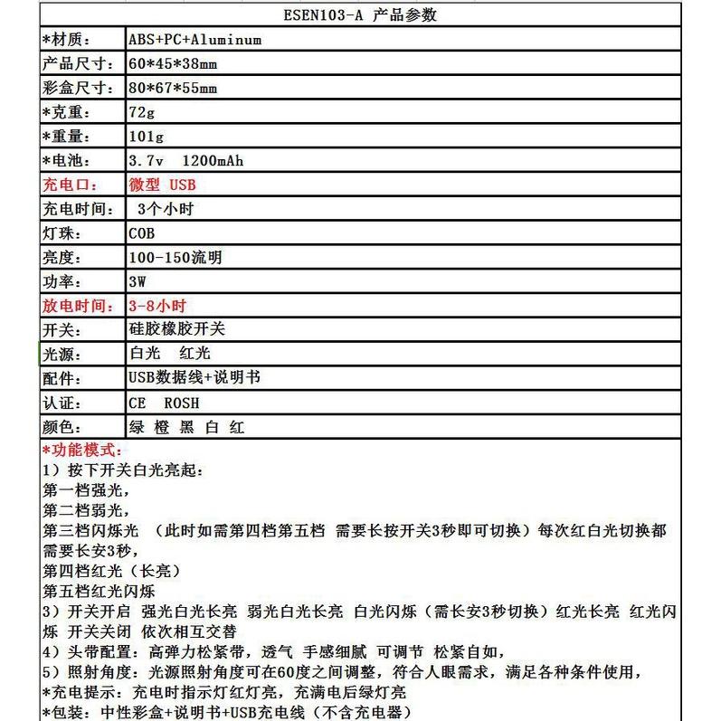 極光商城-USB充電COB頭燈泛光頭燈頭戴式可充電頭燈ESEN103-A-細節圖3