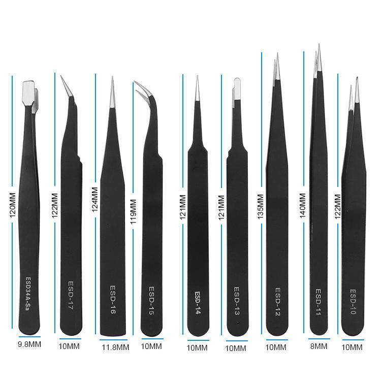 極光商城-高彈性無壓邊加硬電子維修裝置不銹鋼直頭彎頭細長尖鑷子9件套-細節圖3