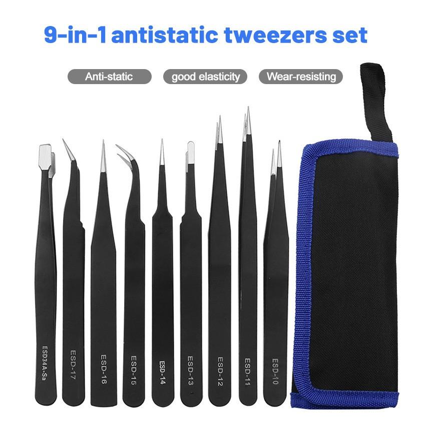 極光商城-高彈性無壓邊加硬電子維修裝置不銹鋼直頭彎頭細長尖鑷子9件套-細節圖8