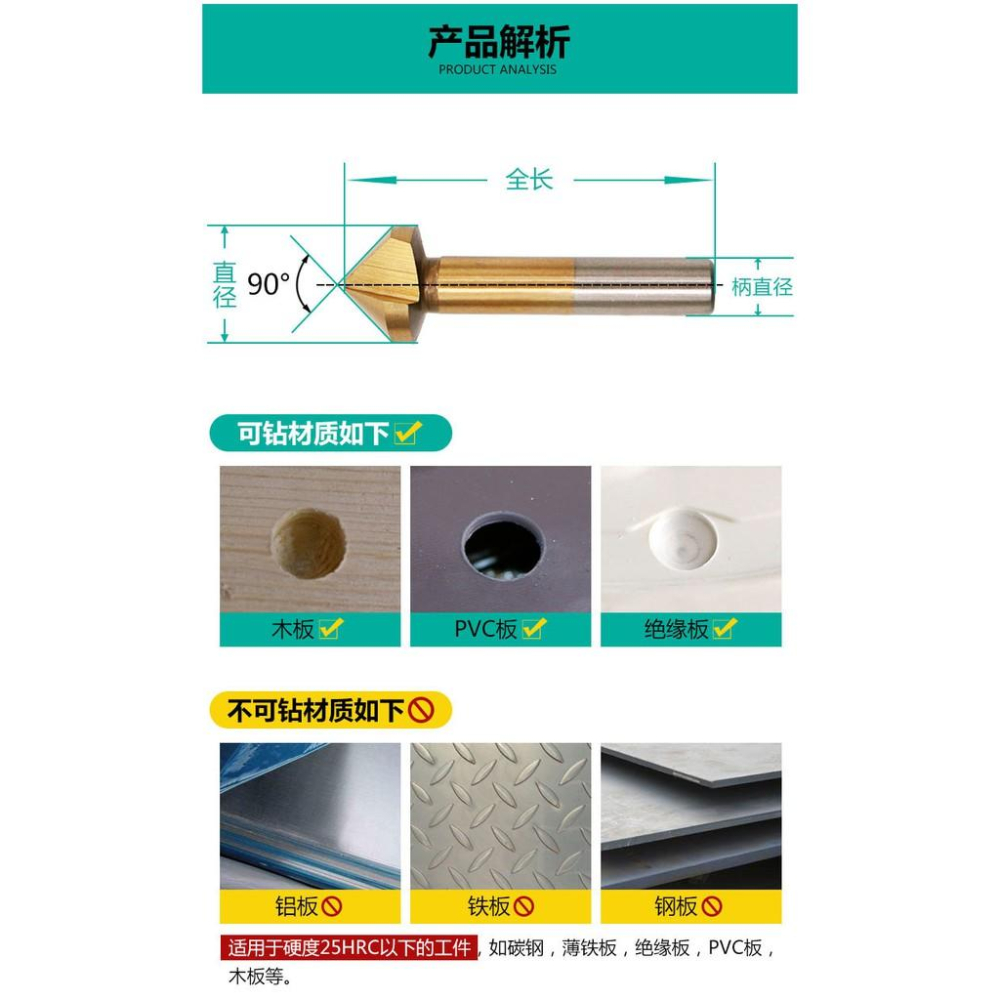 極光商城-90度三刃鍍鈦白鑽全磨倒角刀木工銑刀倒角器開孔器木工其他銑刀-細節圖6