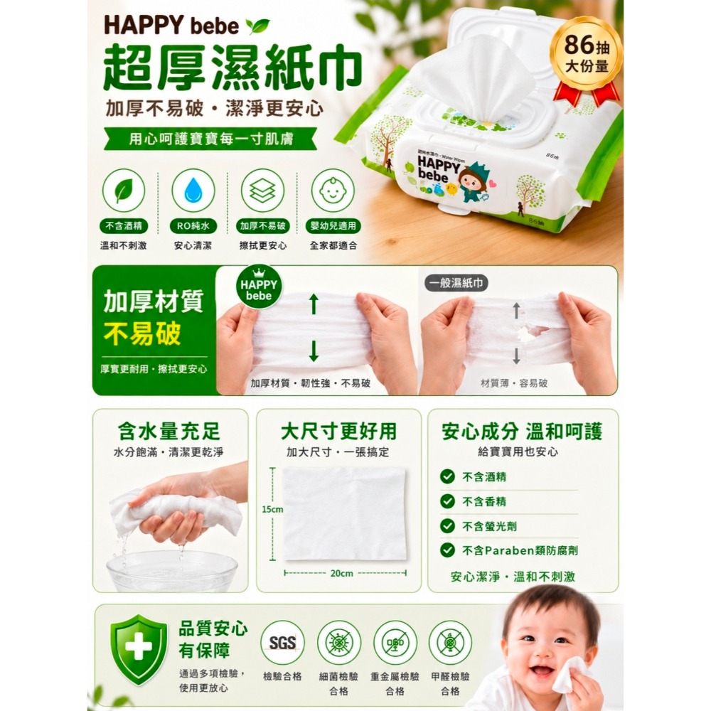 HAPPY bebe 濕紙巾｜86抽｜12包｜嬰兒適用｜無酒精｜加厚型｜家庭囤貨-細節圖2