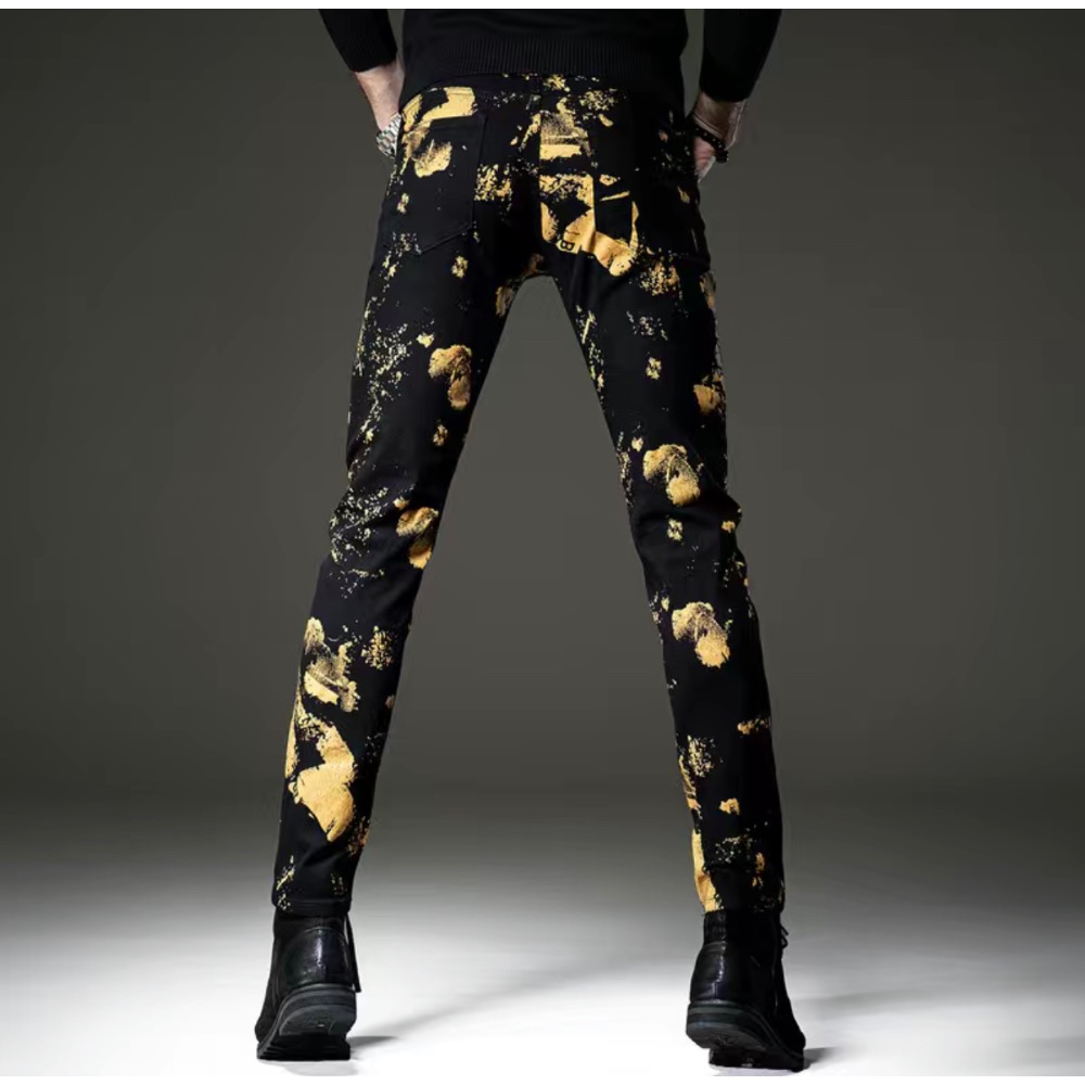 欧風潮牌烫金印花牛仔裤男修身-細節圖2