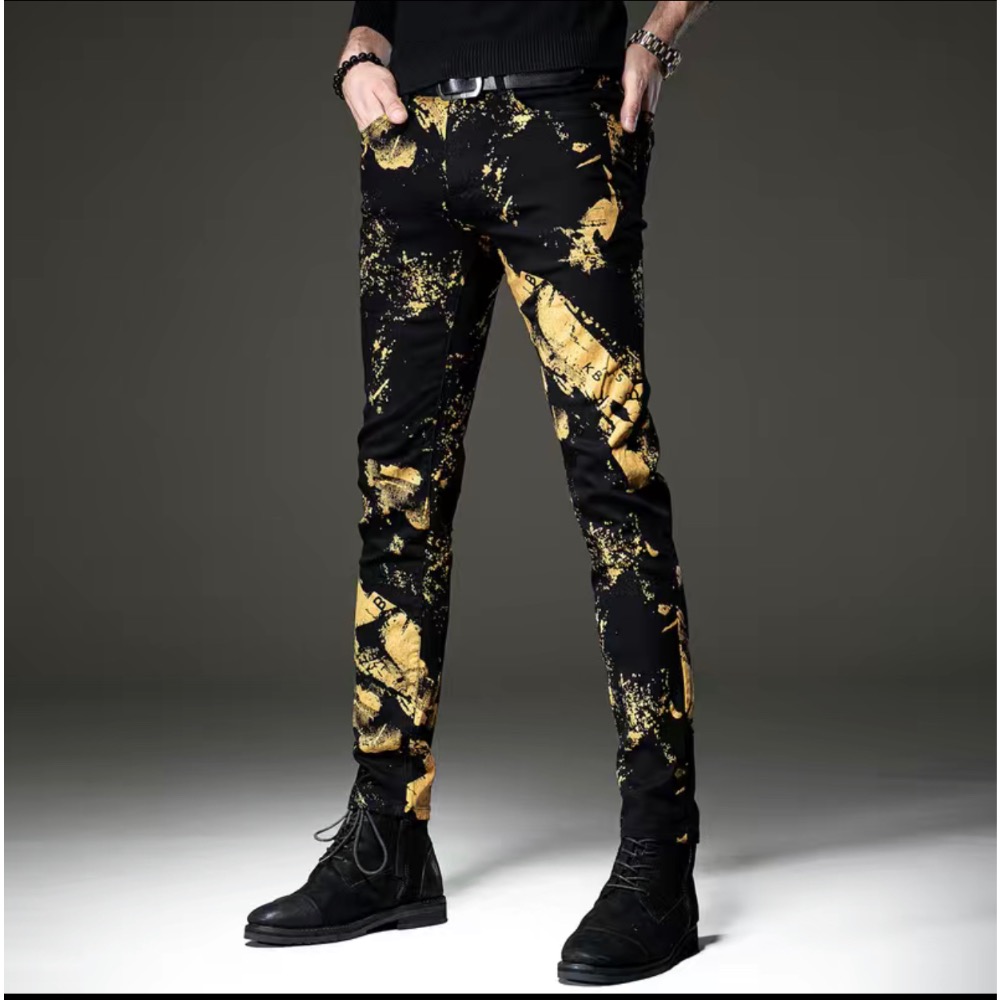 欧風潮牌烫金印花牛仔裤男修身-細節圖3