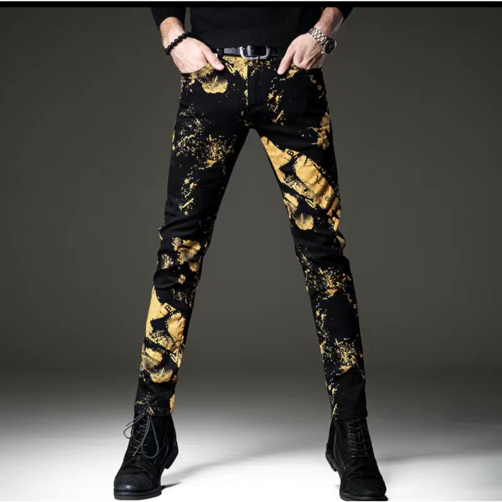 欧風潮牌烫金印花牛仔裤男修身-細節圖4