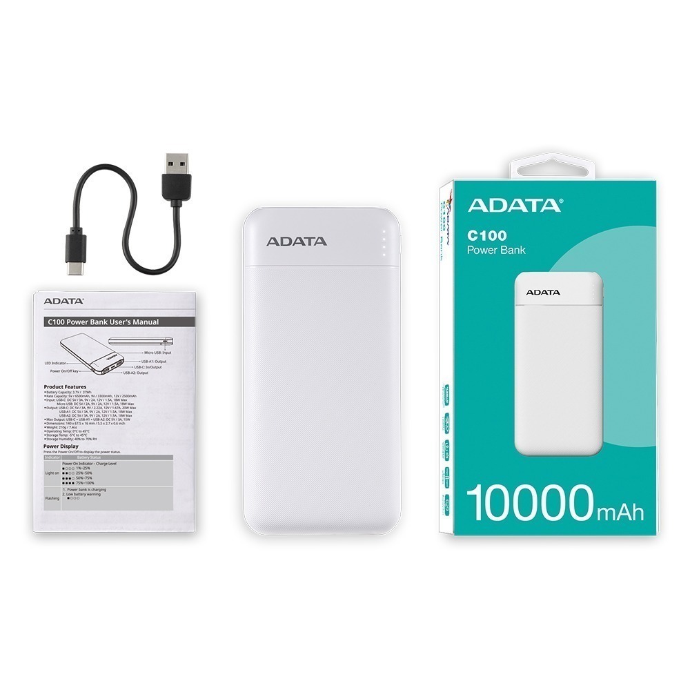 ADATA 威剛 C100 行動電源 10000mAh QC/PD 20W快充 薄型輕量化設計 公司貨 黑/白-細節圖4