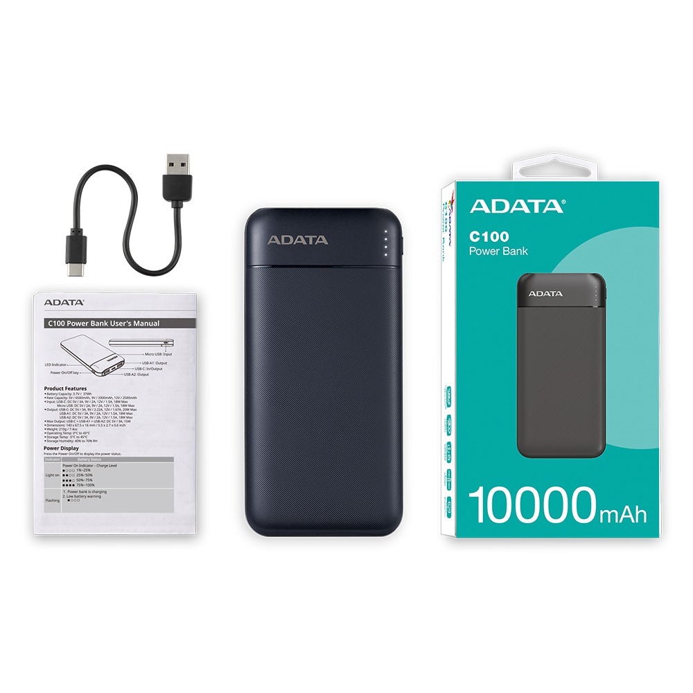 ADATA 威剛 C100 行動電源 10000mAh QC/PD 20W快充 薄型輕量化設計 公司貨 黑/白-細節圖3