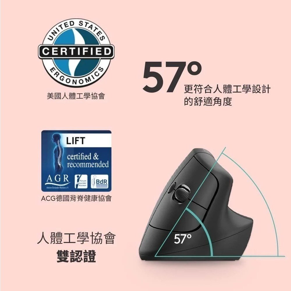 Logitech 羅技 LIFT人體工學垂直滑鼠 石墨灰/珍珠白/玫瑰粉 左手版-細節圖8