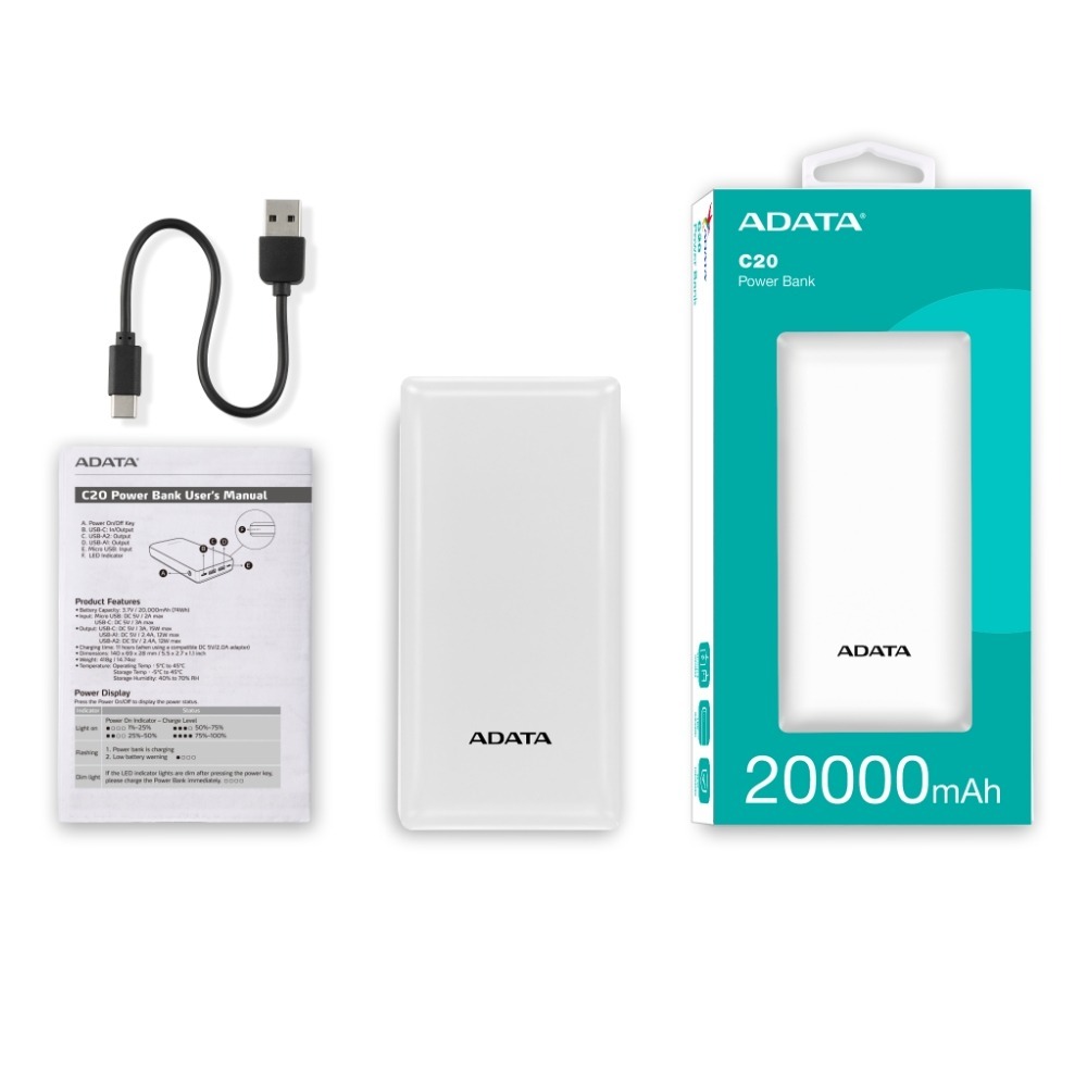 ADATA 威剛 C20 行動電源 20000mAh 3孔輸出 黑/白 公司貨-細節圖6