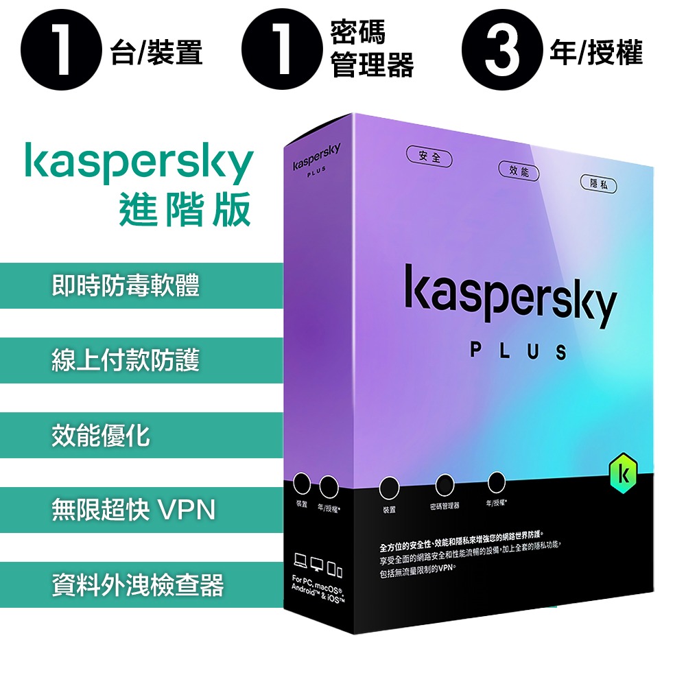 卡巴斯基 Kaspersky 進階版 Plus 1台裝置 實體盒裝版本 (1年授權/2年授權/3年授權)-細節圖3