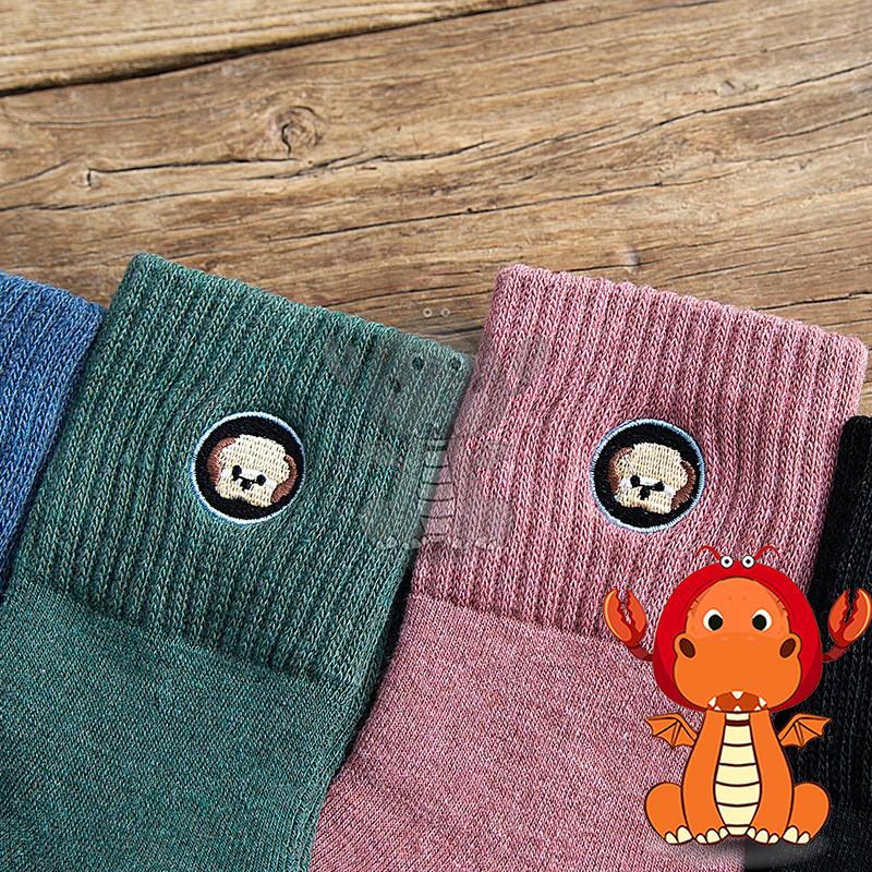 J309 可愛卡通襪子 圖案女士中筒襪 小狗刺繡襪子 圖案全棉透氣襪個性百搭襪子 唯龍購物-細節圖5