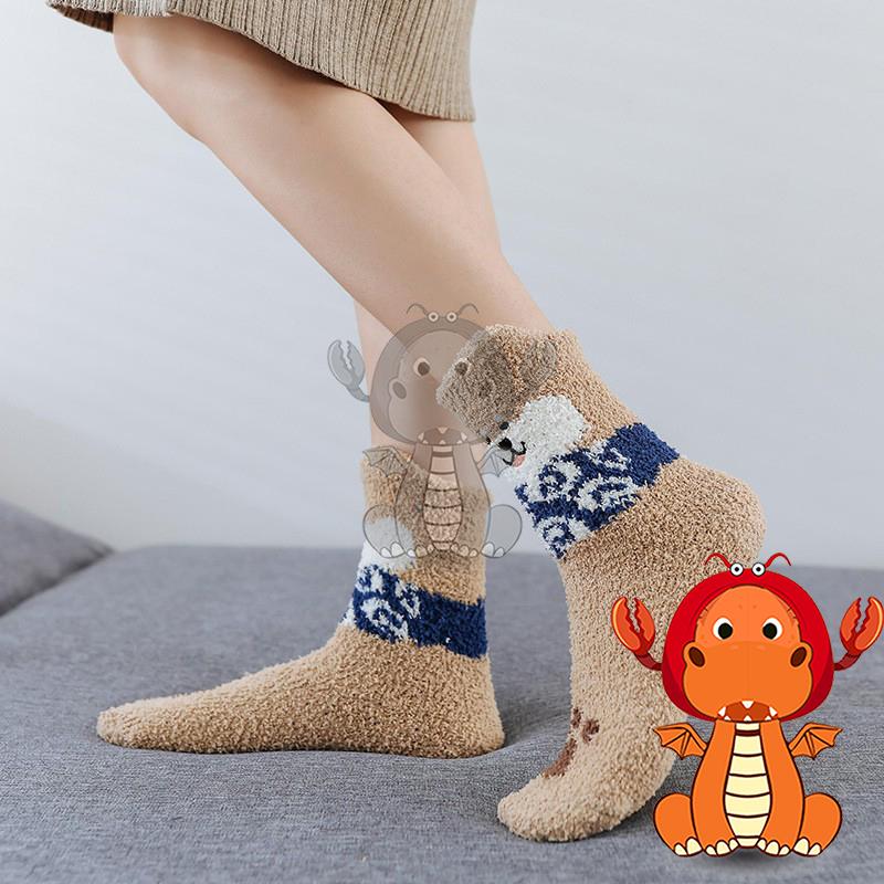 J175 新款襪子 秋冬珊瑚絨居家襪子 卡通可愛貓系女中筒襪 地板襪子 唯龍購物-細節圖3