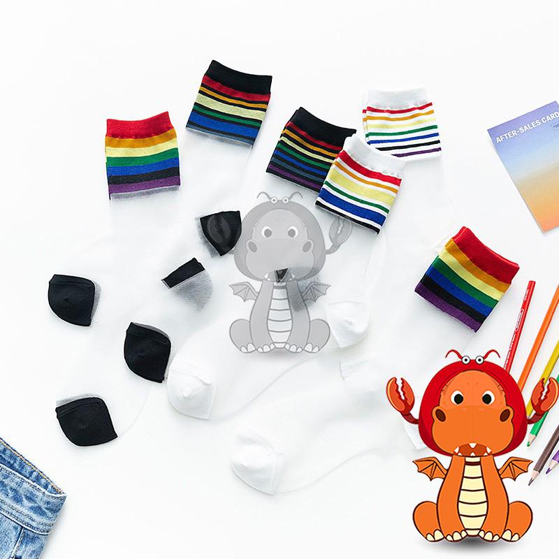 F-003 夏季薄款襪子 中筒潮襪 彩虹襪子 學院風日系襪子 玻璃絲彩色條紋女襪 唯龍購物-細節圖7